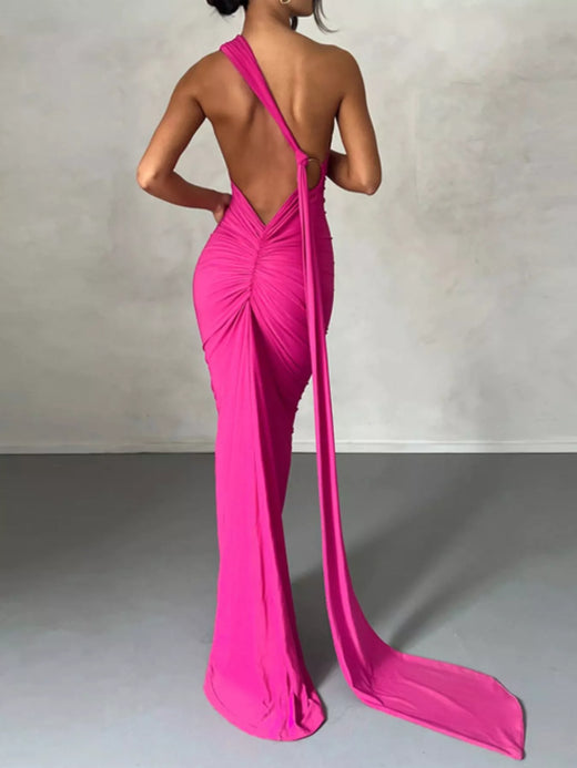 Backless One-Shoulder Ruched Bodycon Maxi Dress - alternate view 6