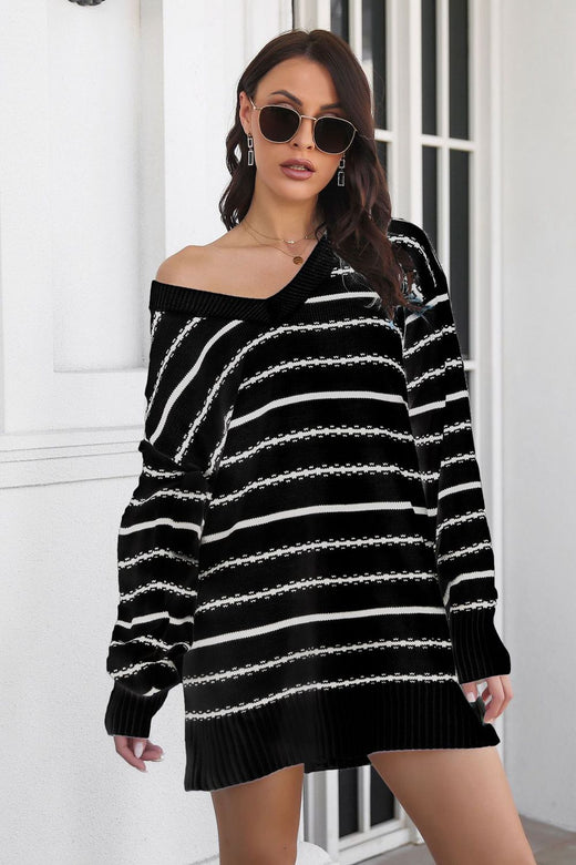 Striped V-Neck Sweater Dress - alternate view 6