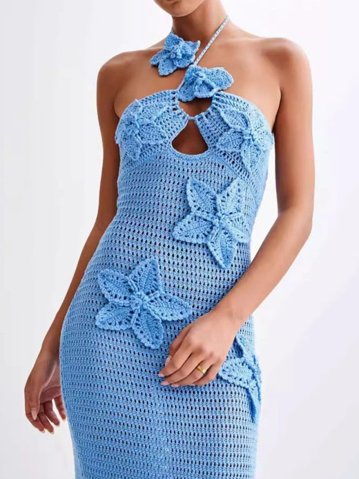Crochet Floral Halter Knit Cover Up Dress