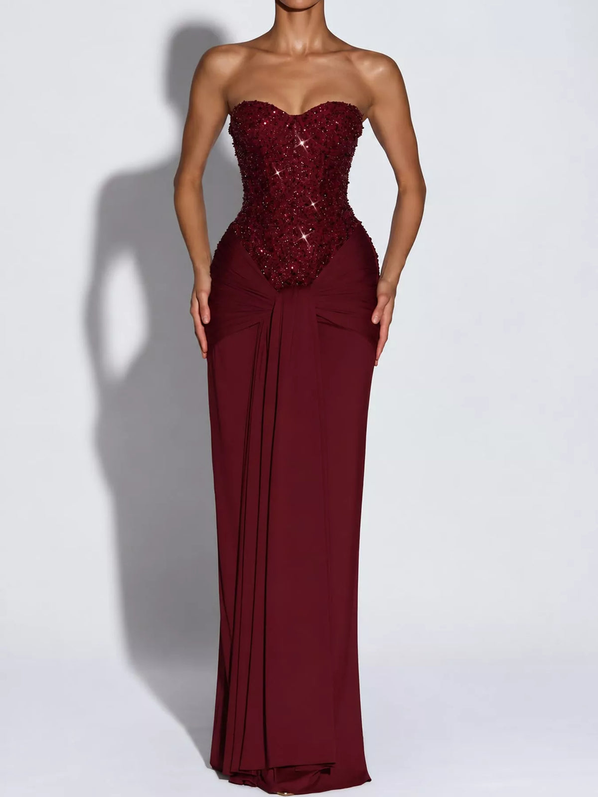 Elegant Strapless Sequin Corset Maxi Dress with Draped Waist Detail - alternate view 18
