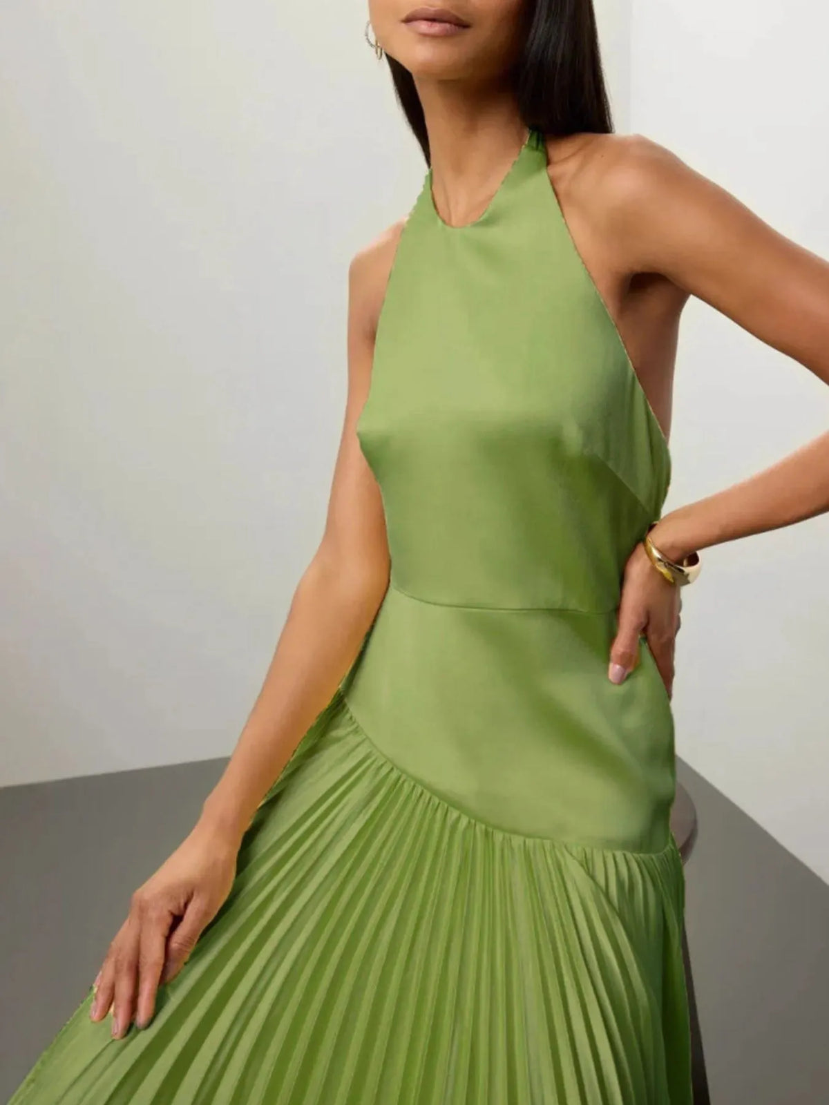 Pleated Halter Neck Sleeveless Maxi Dress - alternate view 2