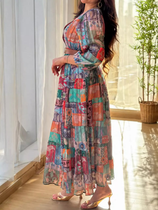 Printed Surplice Long Sleeve Maxi Dress - alternate view 5