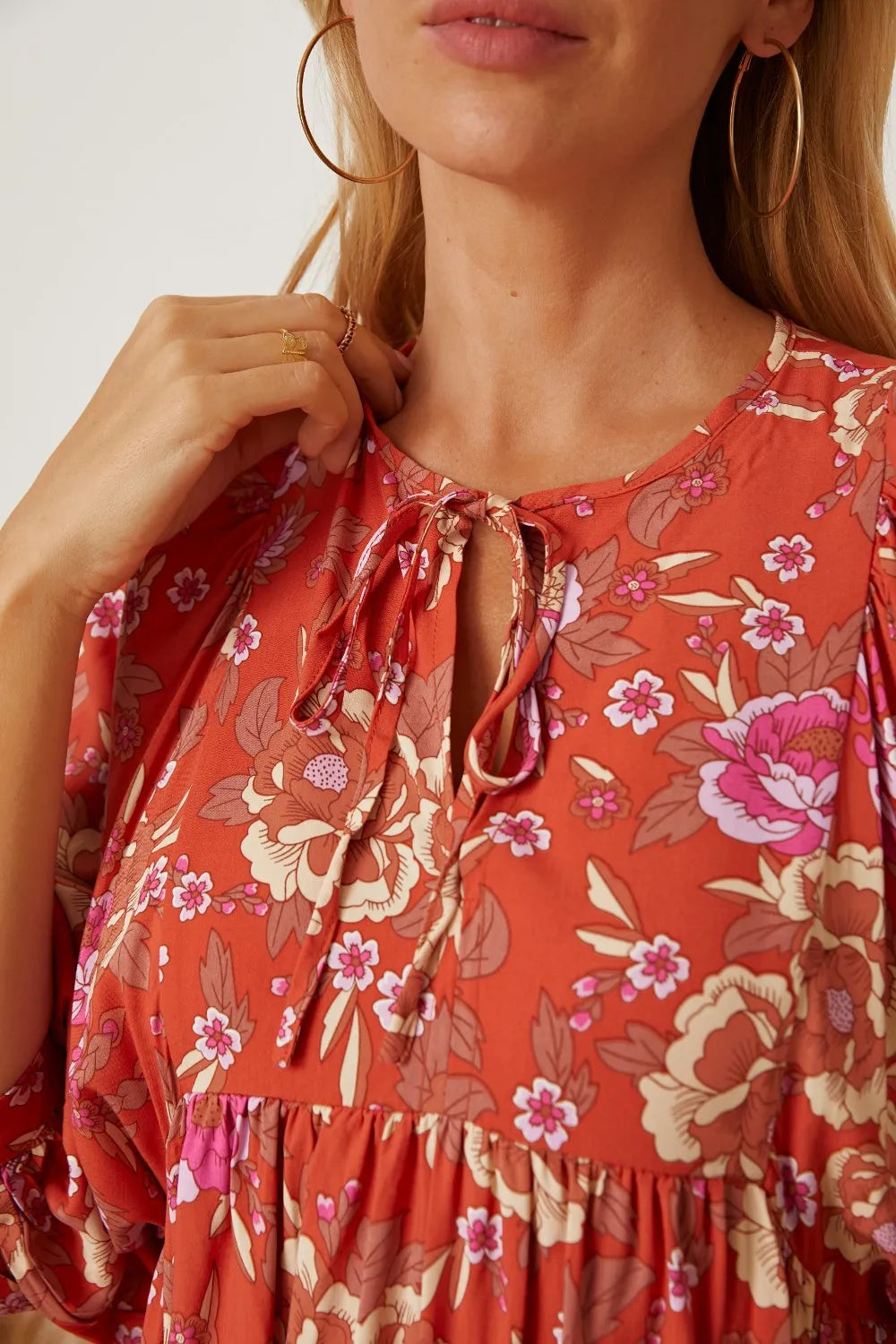 Floral Tie Neck Half Sleeve Dress - alternate view 7