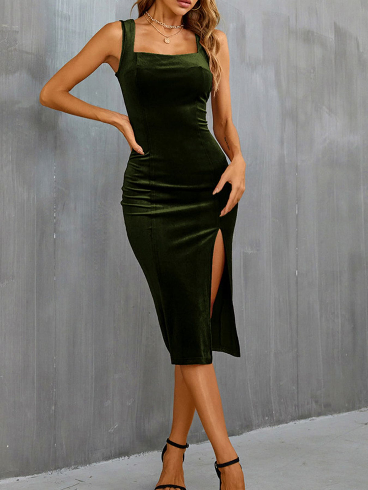 Velvet Slit Wide Strap Midi Dress - alternate view 6