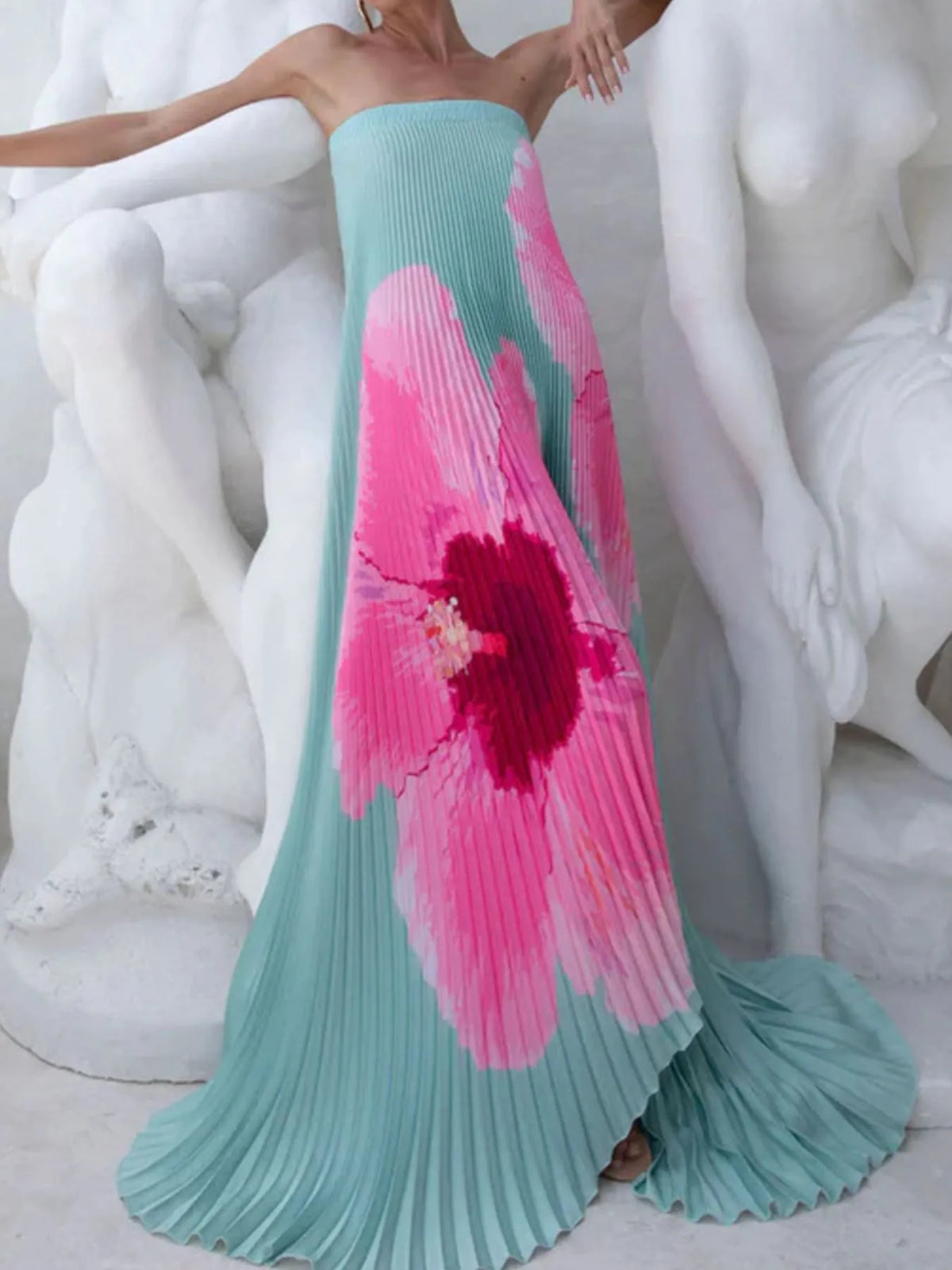 Pleated Printed Tube Floor Length Dress - alternate view 3