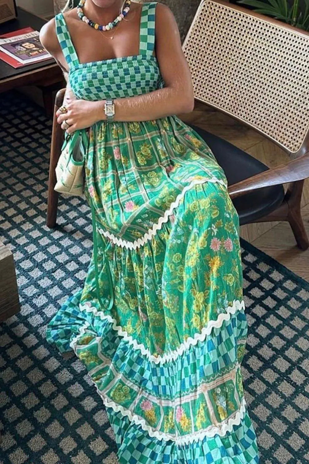 Printed Square Neck Tiered Dress - alternate view 8