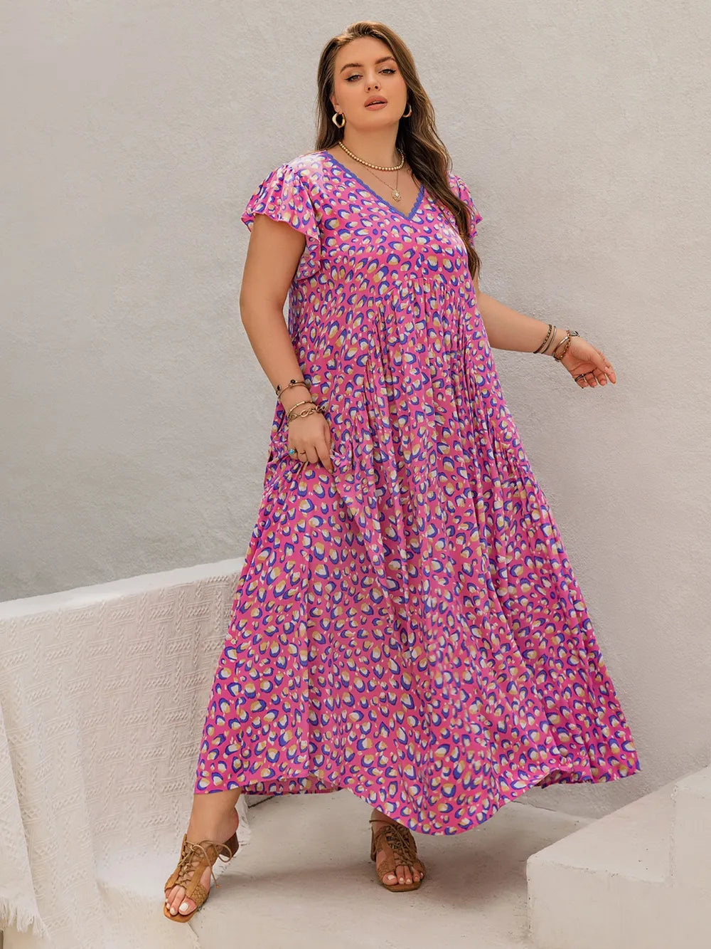 Printed V-Neck Flutter Sleeve Tie Waist Maxi Dress - alternate view 5