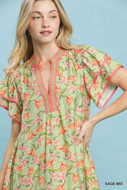 Floral Flutter Sleeve Tiered Dress - alternate view 4