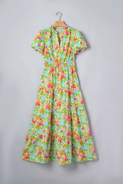 Floral Print V Neck Short Puff Sleeve Cotton Maxi Dress - alternate view 4