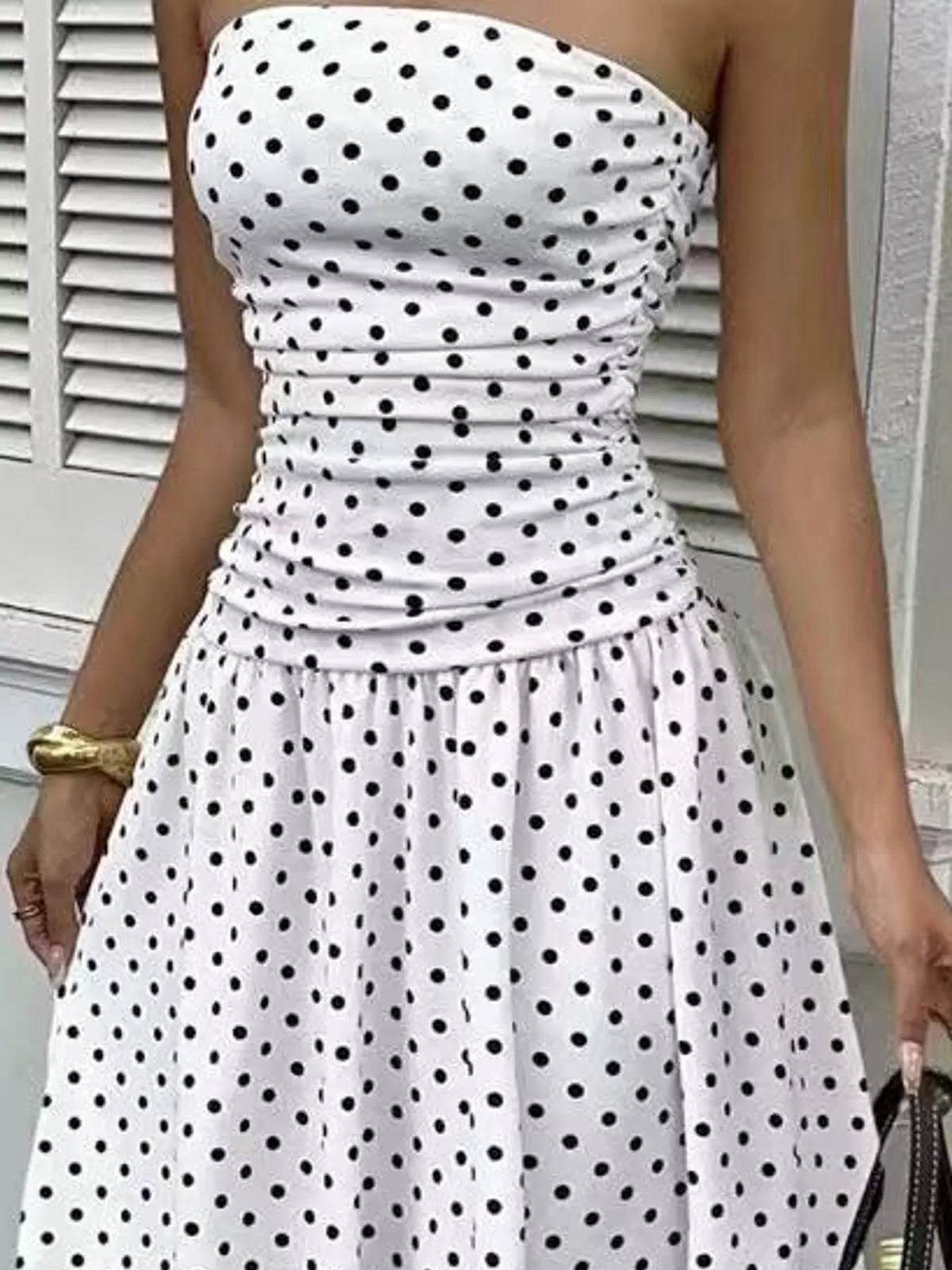 Strapless Polka Dot Ruched Maxi Dress - alternate view 6