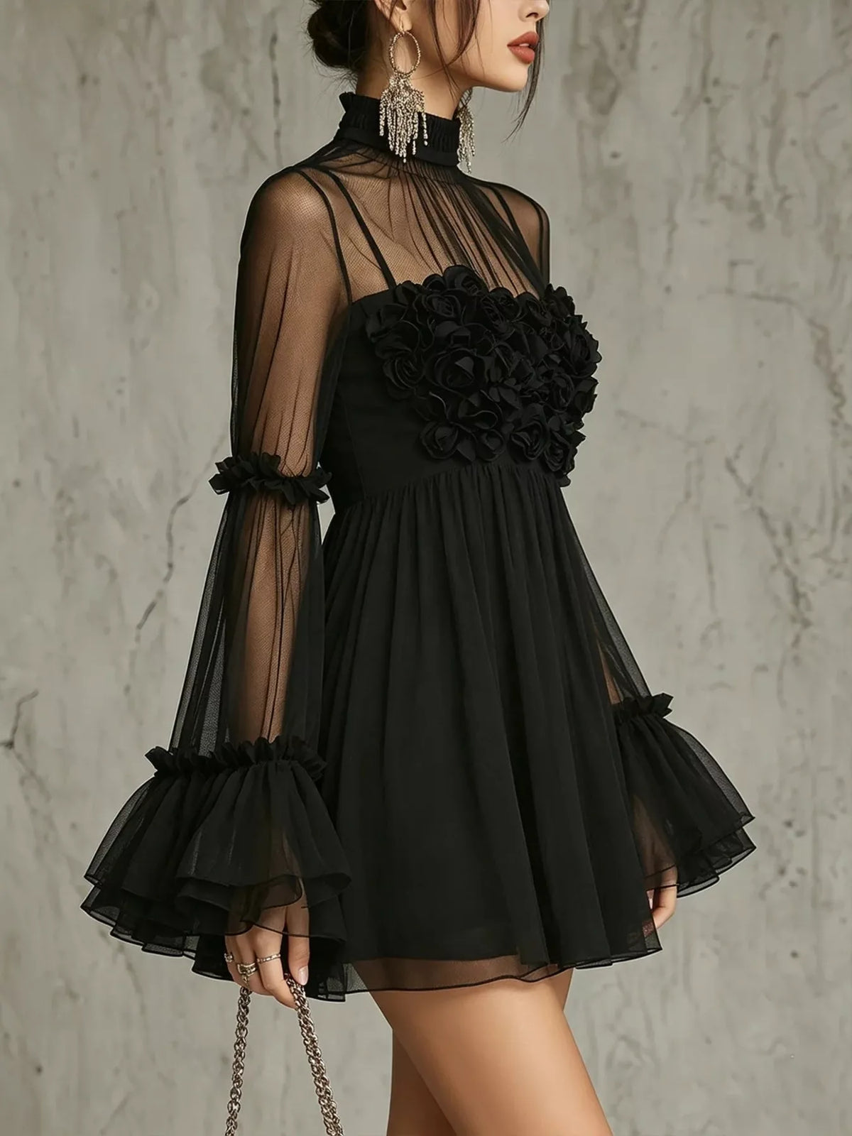 Sheer Mesh Flare Sleeve Mini Dress - alternate view 3