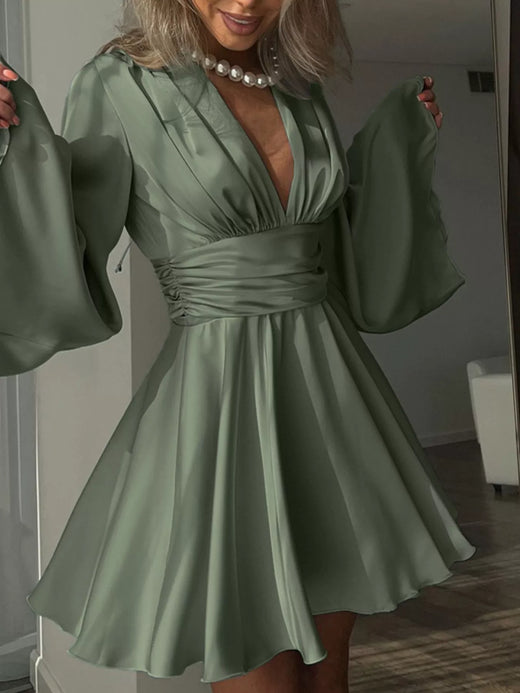 V-Neck Satin Mini Dress with Flowy Sleeves - alternate view 1