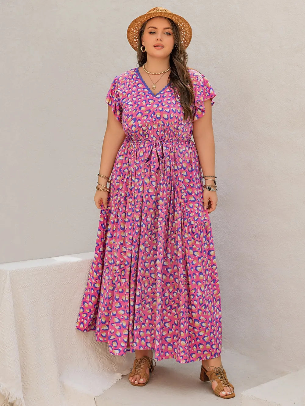 Printed V-Neck Flutter Sleeve Tie Waist Maxi Dress - alternate view 4