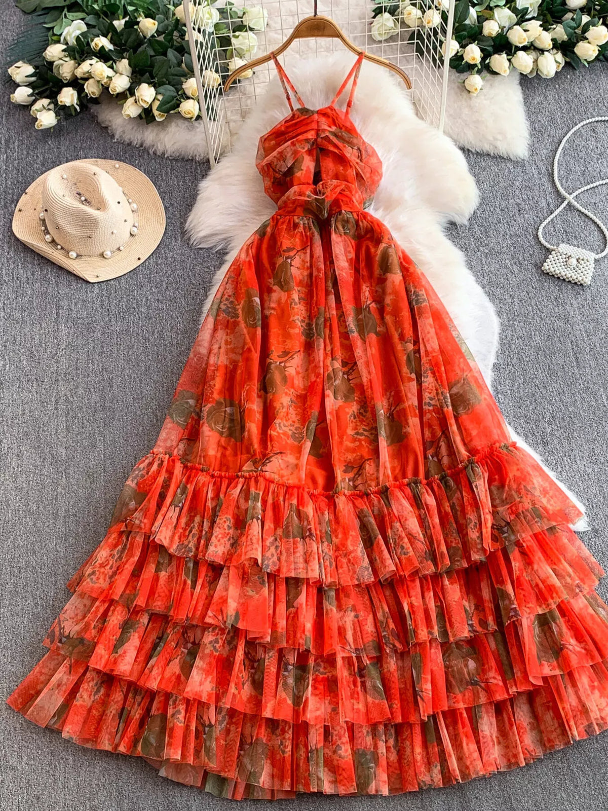 Floral Print Ruffled Layered Mesh Dress - alternate view 13
