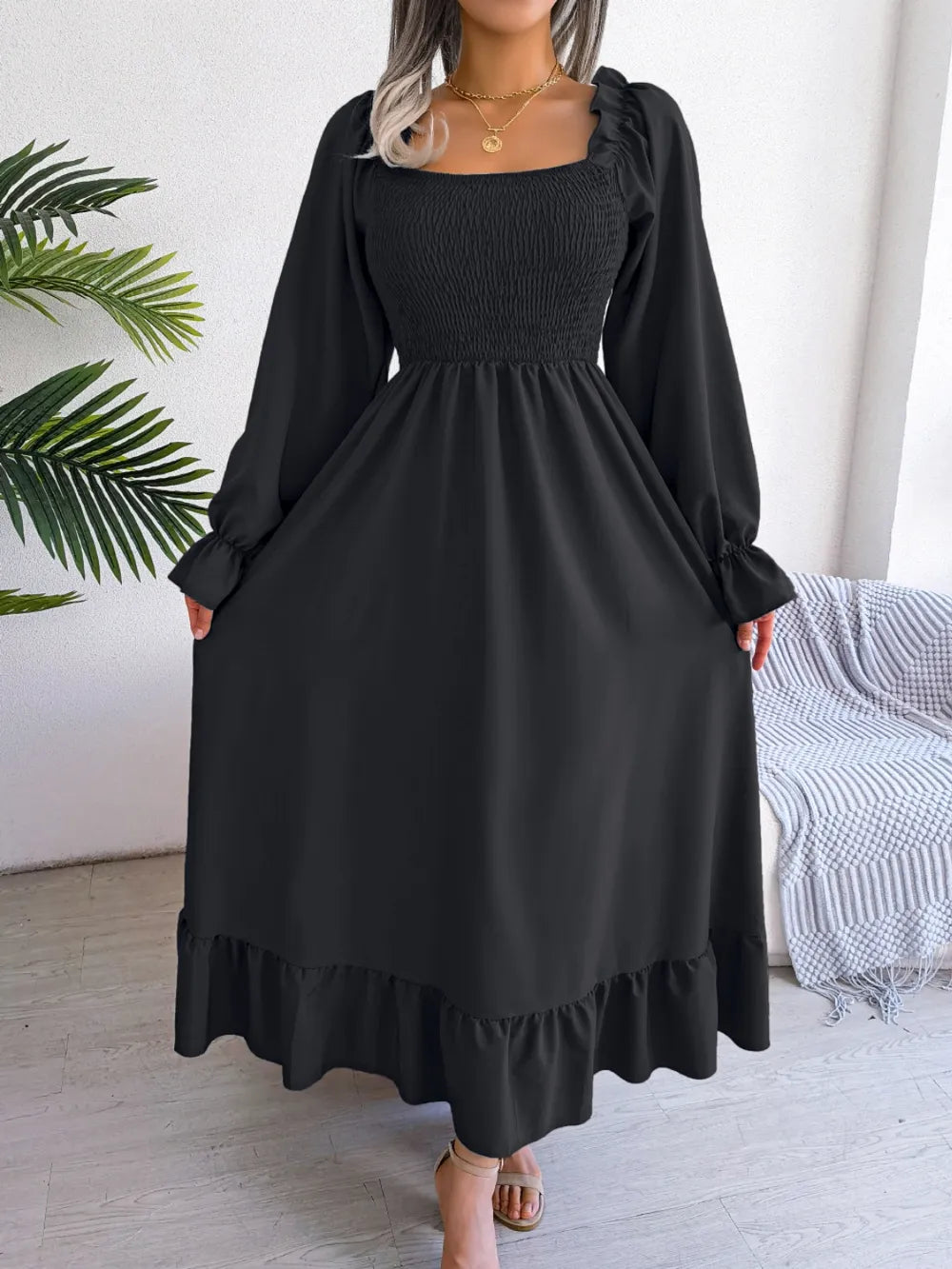 Smocked Square Neck Flounce Sleeve Dress - alternate view 21