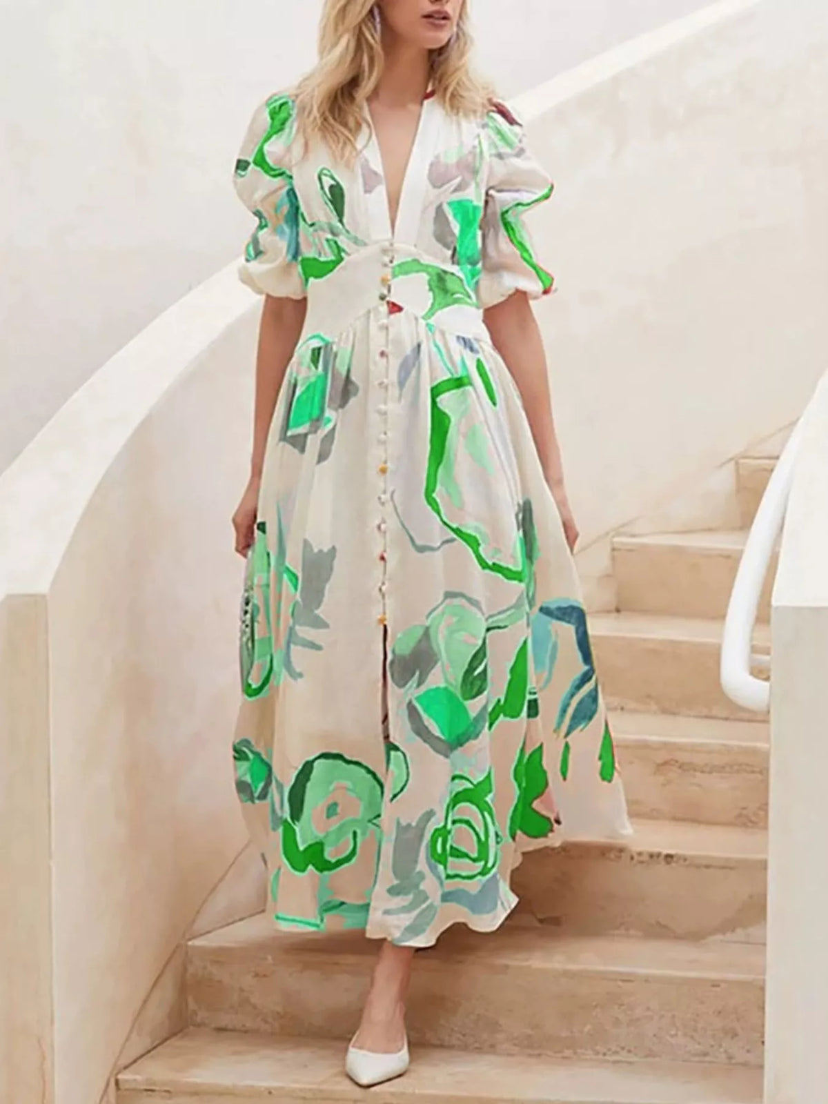Puff Sleeve Midi Print Dress - alternate view 6