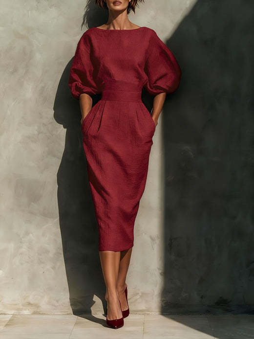 Round Neck Puff Sleeves Midi Dress - alternate view 5