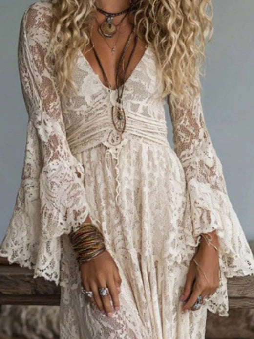 V-Neck Lace Flare Sleeve Maxi Dress - alternate view 3