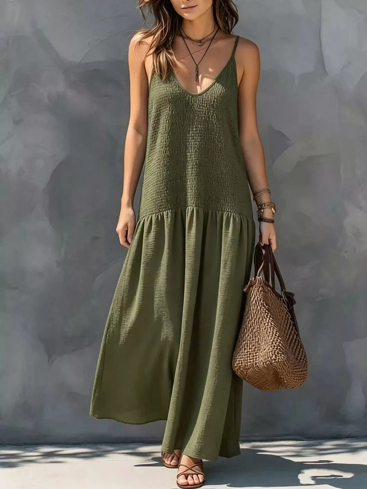 Sleeveless Smocked V-Neck Casual Maxi Dress - alternate view 5