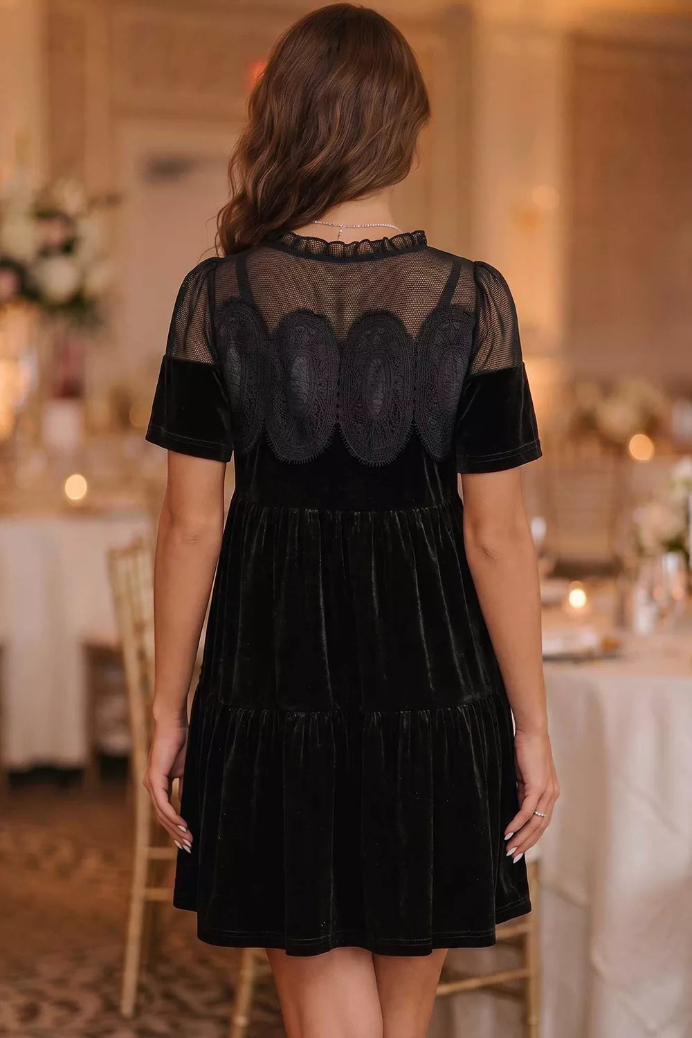 Embroidered Velvet Short Sleeve Mini Shift Dress - alternate view 2