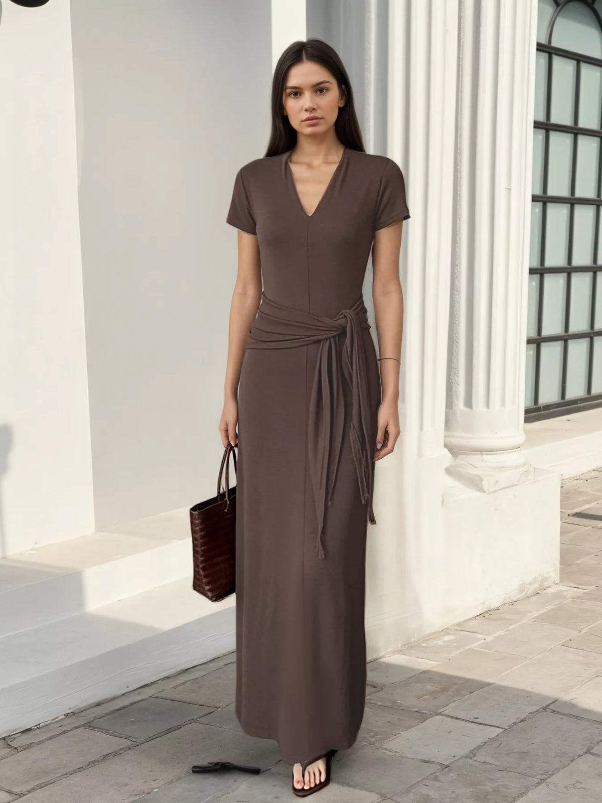 V-Neck Short Sleeve Maxi Dress with Waist-Tie Detail - alternate view 4