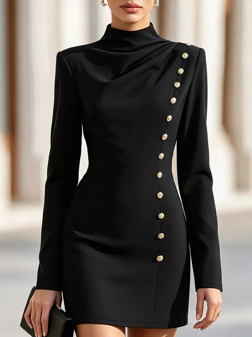 Mock Neck Long-Sleeve Bodycon Dress with Gold-Tone Button Detailing - alternate view 3