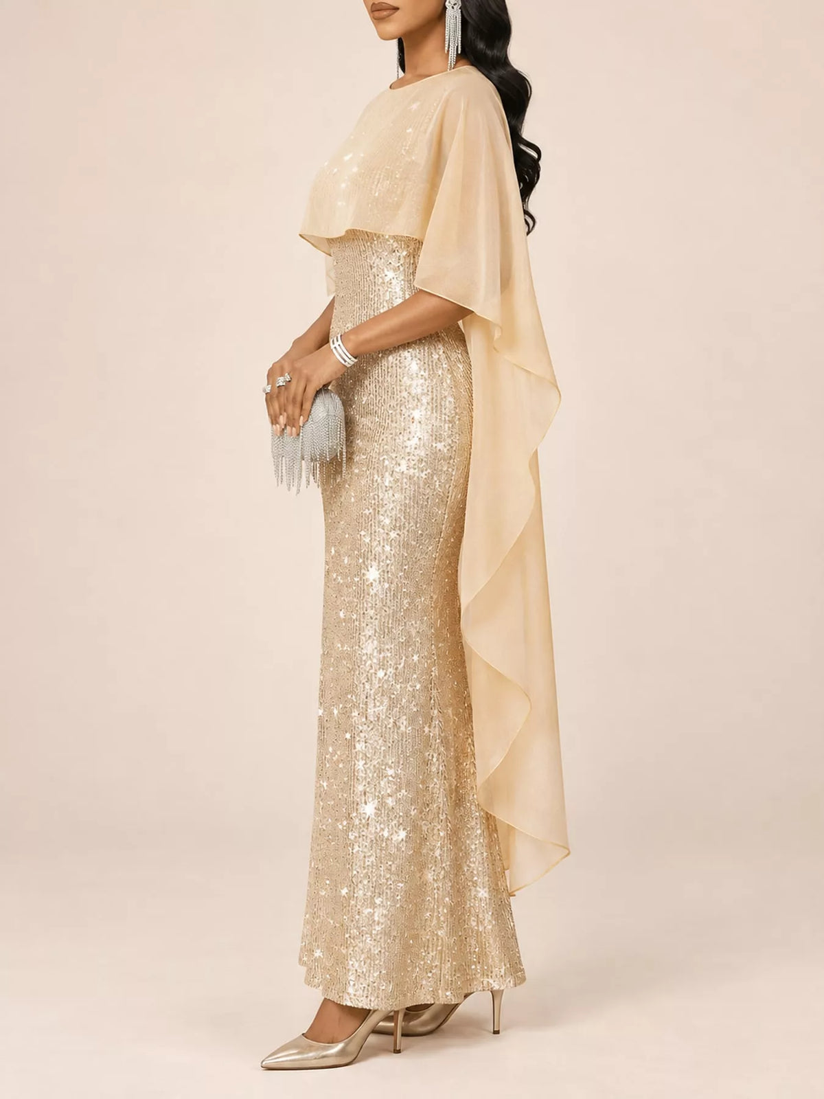 Sequin Cape Overlay Evening Dress - alternate view 24