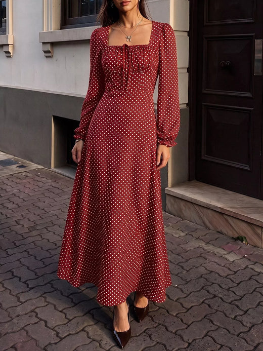 Square Neck Polka Dot Long Sleeve Maxi Dress - alternate view 4
