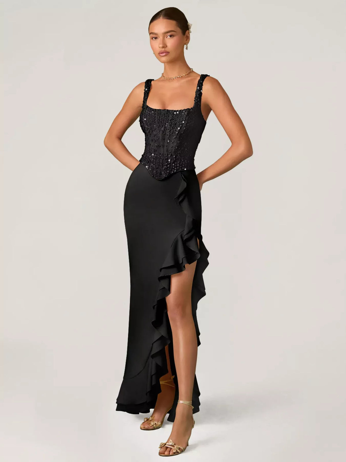 Sequin Ruffle Hem Sleeveless Maxi Dress - alternate view 2