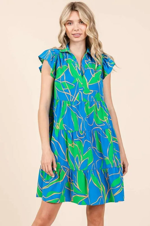 Leaf Print Ruffle Sleeve Tiered Mini Dress - alternate view 4