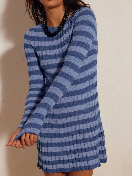 Striped Ribbed Knit Long Sleeve Sweater Dress - alternate view 5