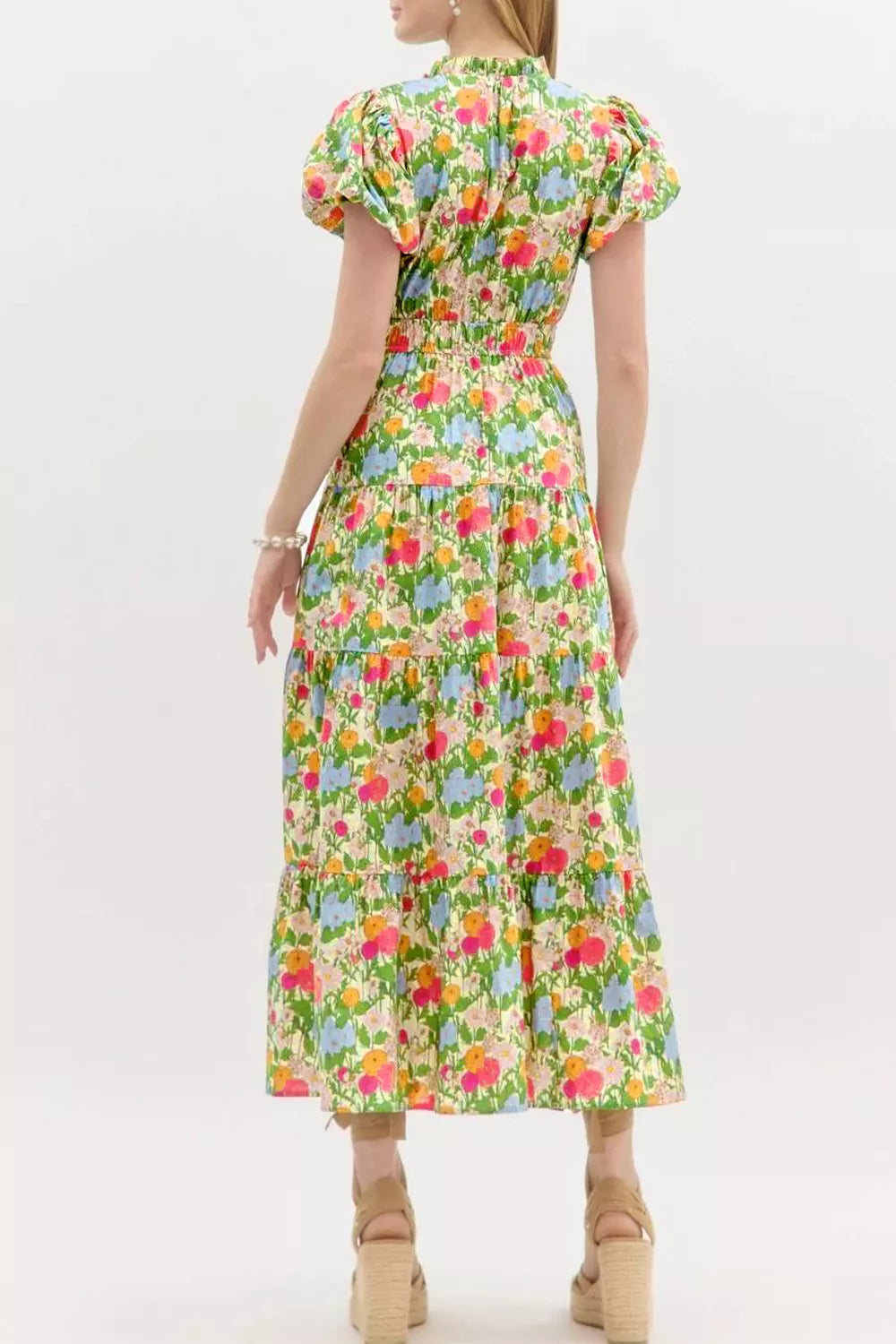 Floral Print V Neck Short Puff Sleeve Cotton Maxi Dress - alternate view 2