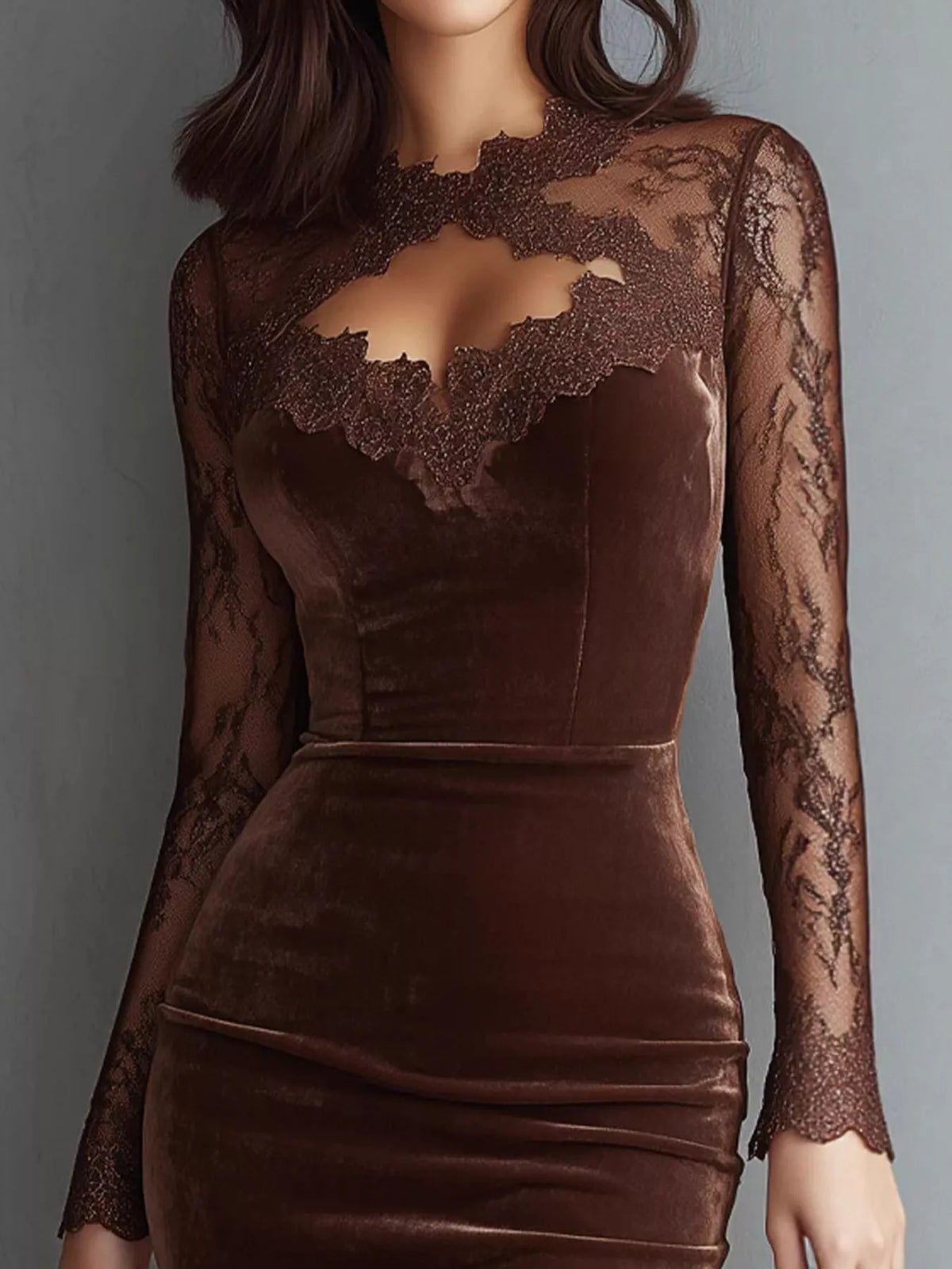Long Sleeve Velvet Lace Bodycon Dress - alternate view 4