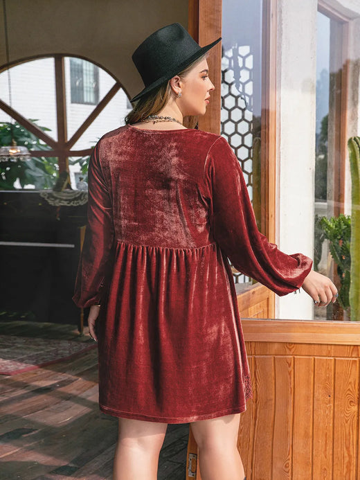 Lace Detail V-Neck Long Sleeve Mini Dress - alternate view 2