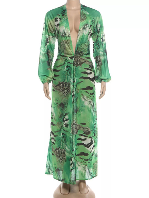 Deep V-Neck Long Sleeve Printed Maxi Dress - alternate view 5