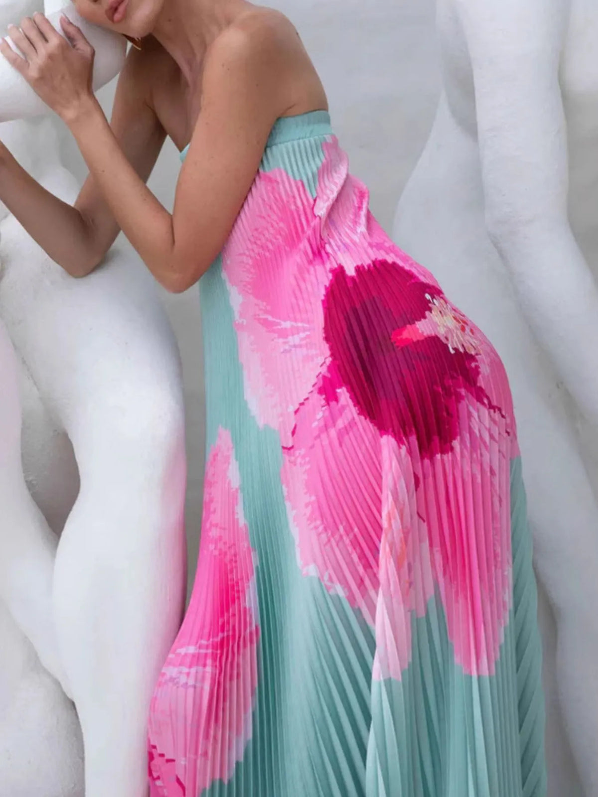 Pleated Printed Tube Floor Length Dress