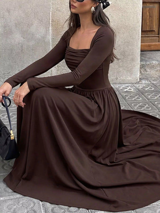 Ruched Square Neck Long Sleeve Maxi Dress - alternate view 2