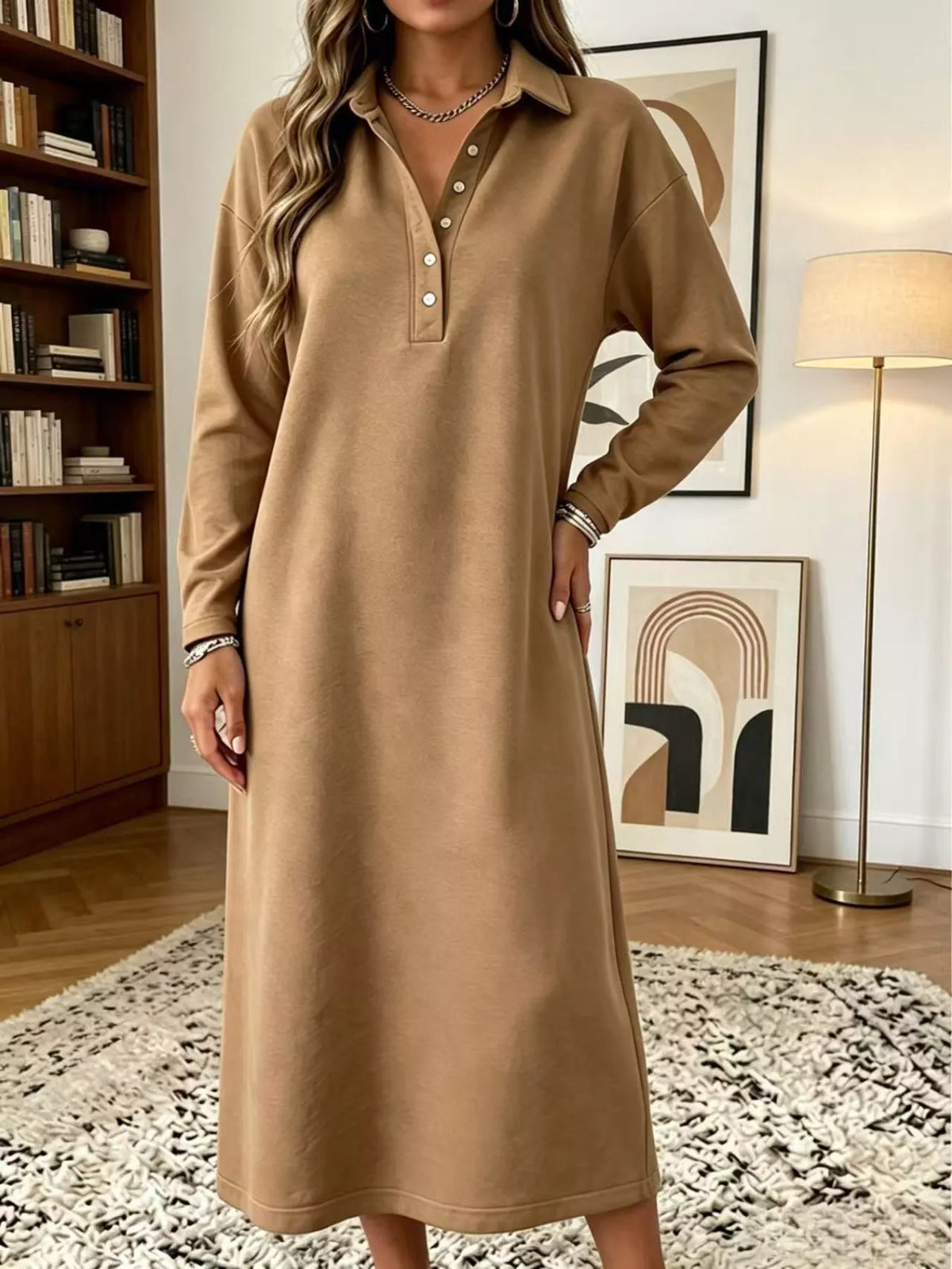 Polo Collar Long Sleeve Midi Dress - alternate view 10