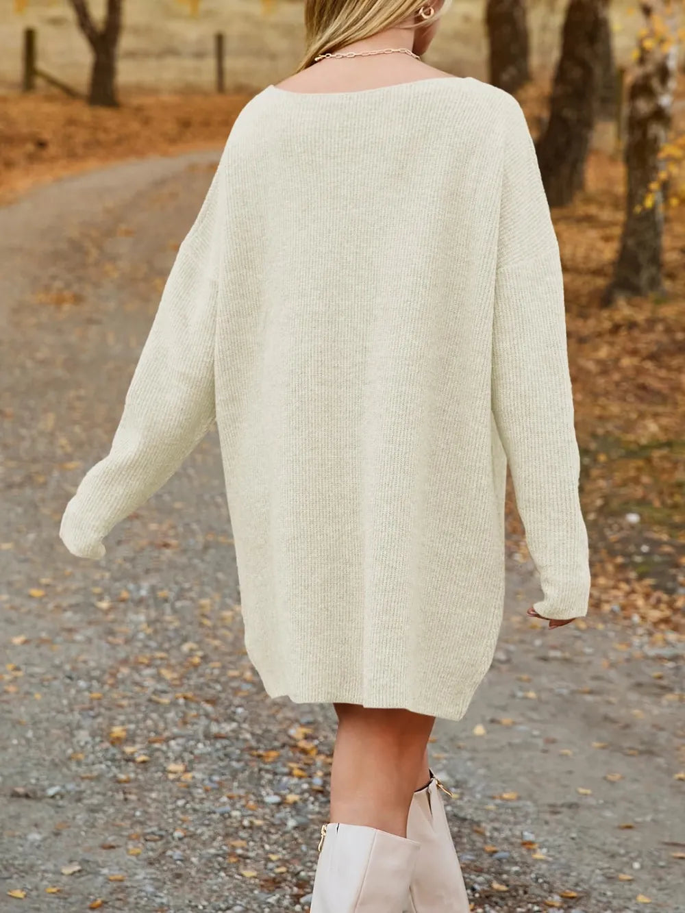 V-Neck Dropped Shoulder Sweater Dress - alternate view 5