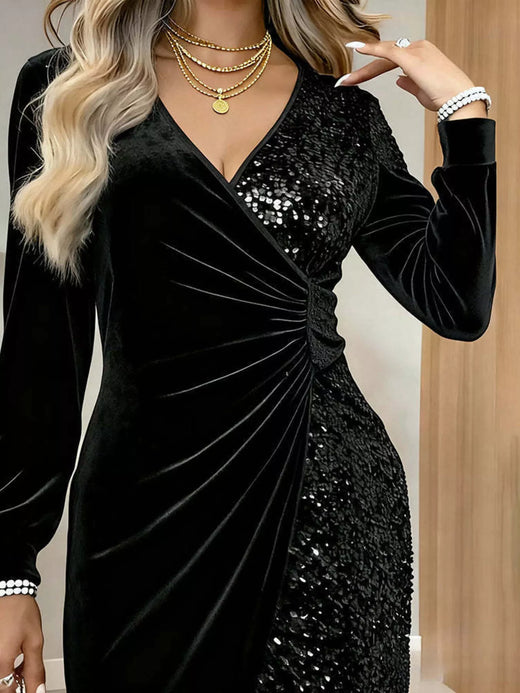 Velvet Sequin Long Sleeve Wrap Dress - alternate view 3