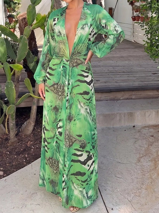 Deep V-Neck Long Sleeve Printed Maxi Dress - alternate view 4