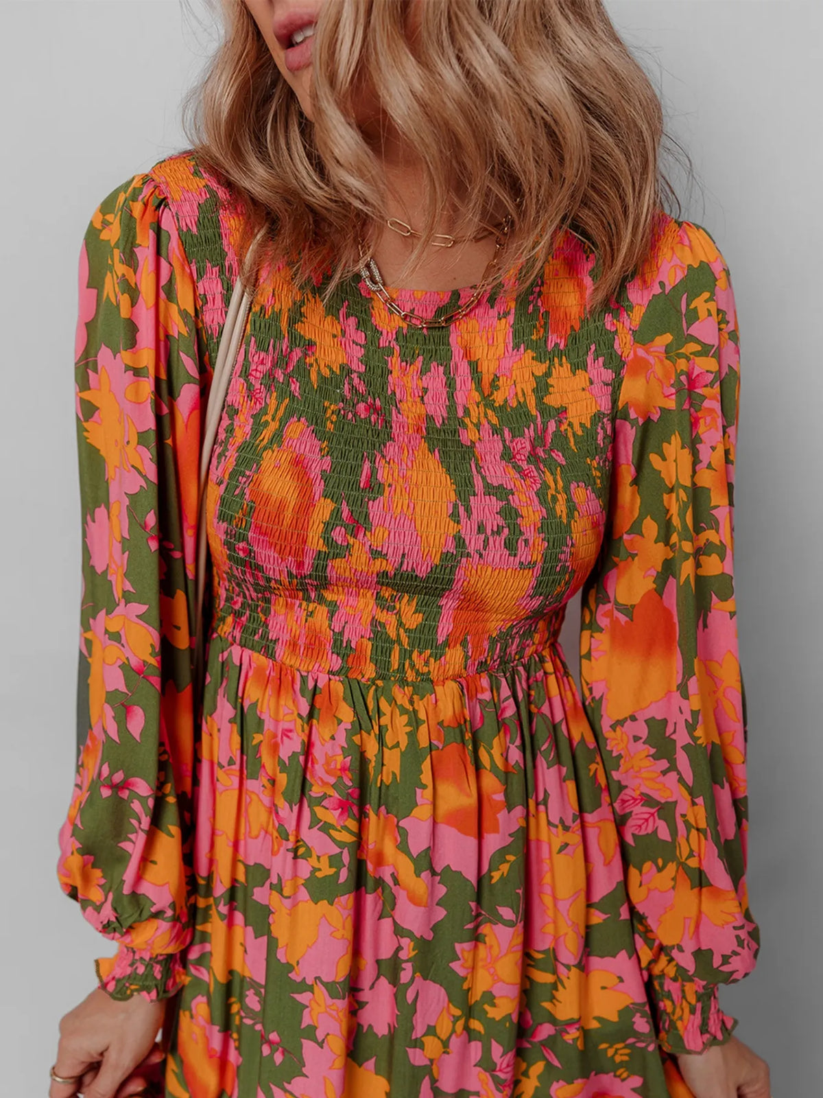 Smocked Floral Print Long Sleeve Maxi Dress - alternate view 6