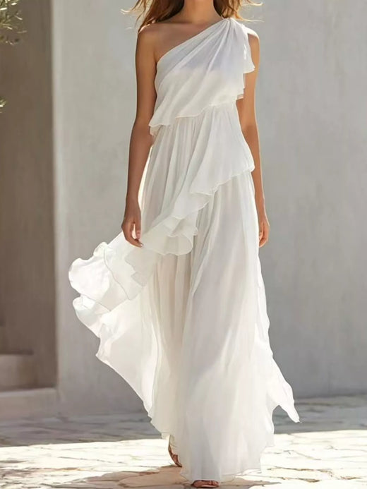 One-Shoulder Ruffled Chiffon Maxi Dress - alternate view 6