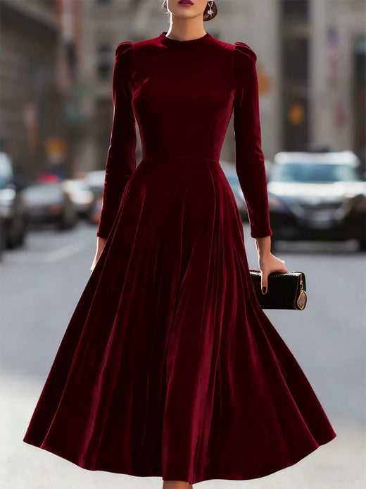 Velvet Long Sleeve A-Line Dress - alternate view 4