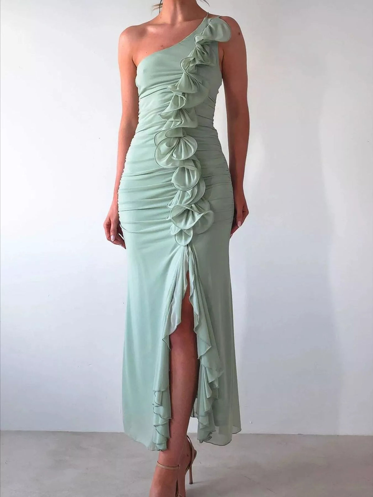 One-Shoulder Ruffle Slit Dress - alternate view 3