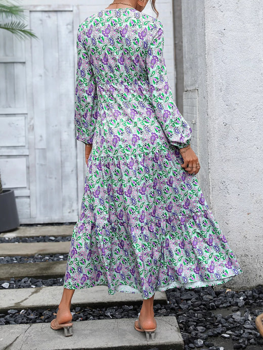 Printed V-Neck Long Sleeve Dress - alternate view 2