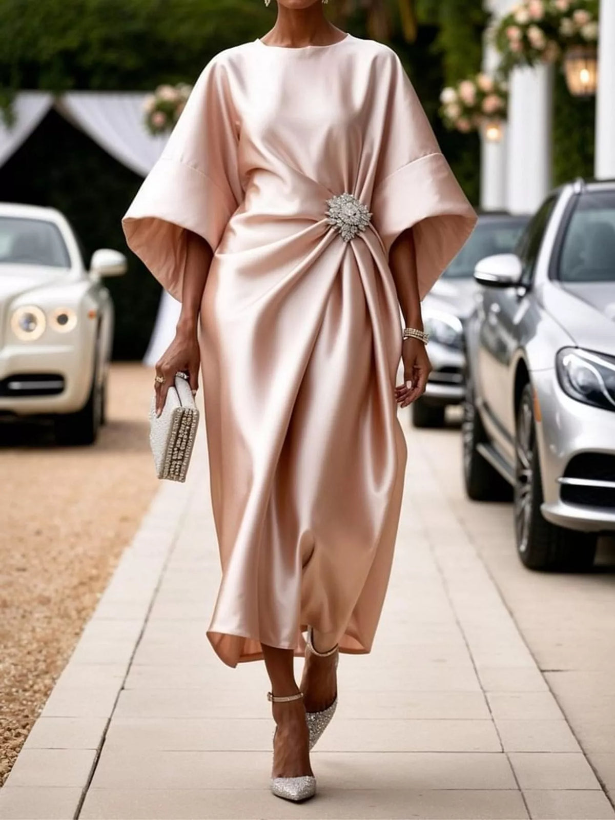 Full Size Satin Draped Evening Dress with Crystal Brooch Plus Size - alternate view 10