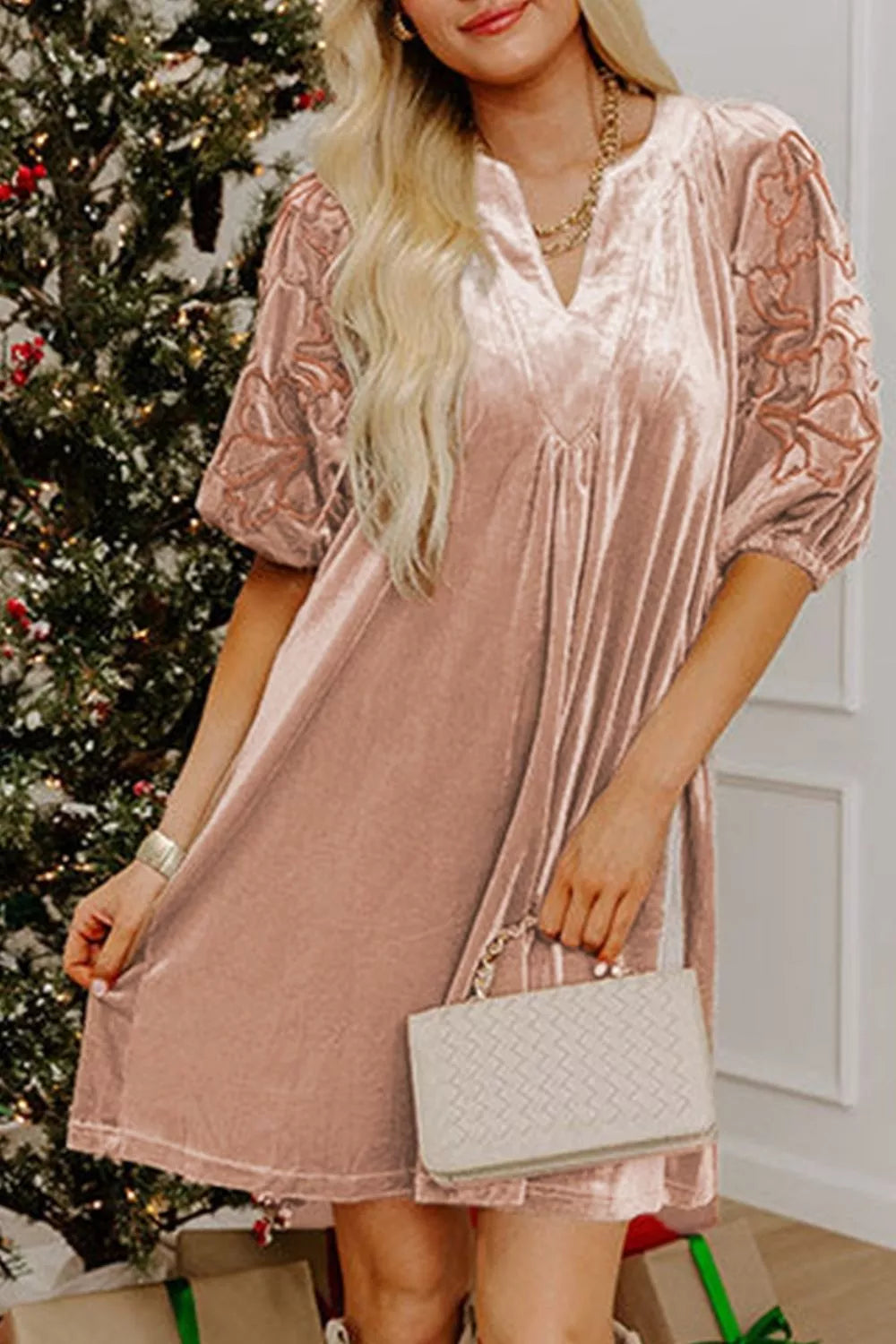 Embroidered‑Sleeve Velvet Mini Shift Dress - alternate view 2