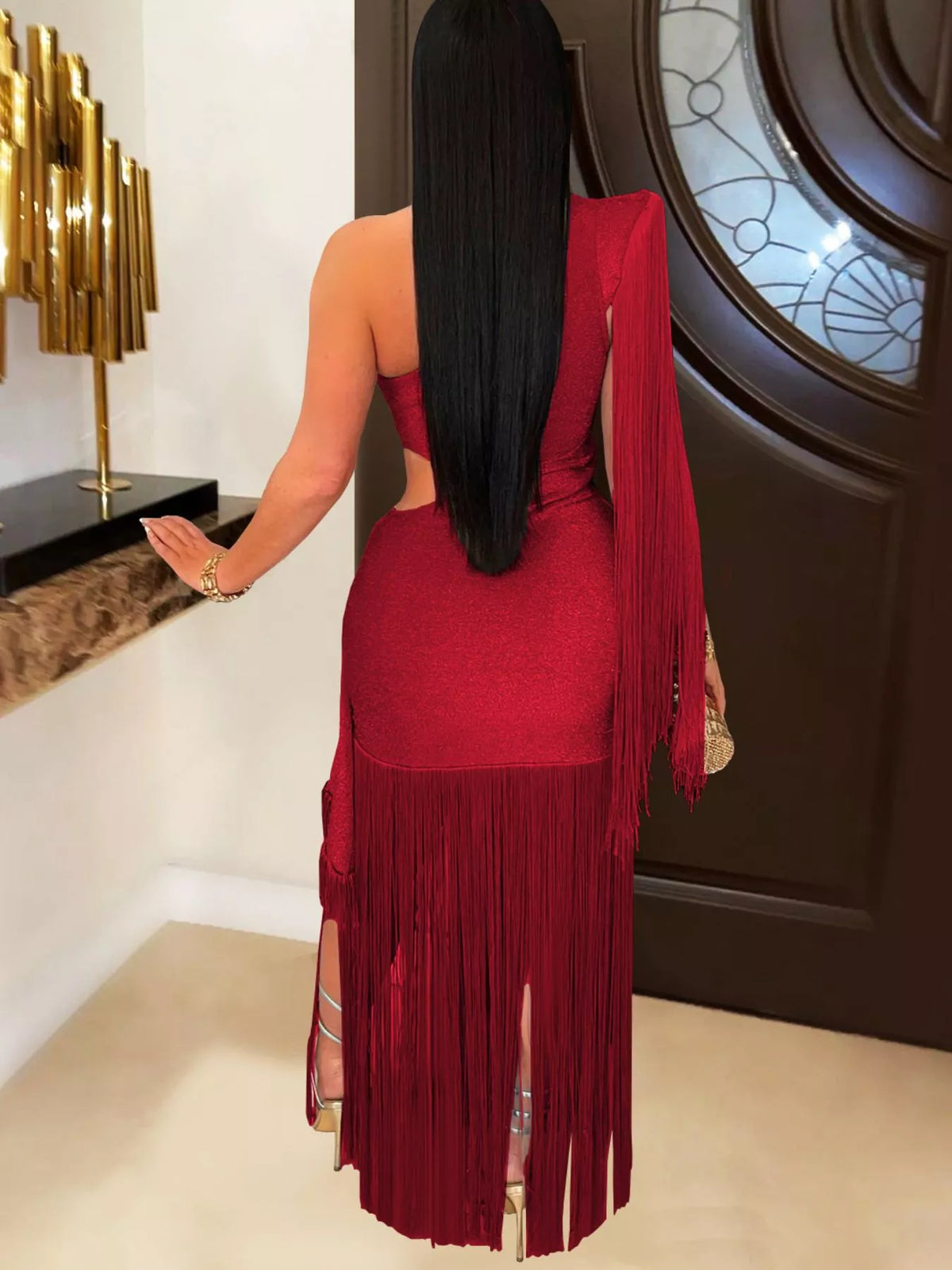 One-Shoulder Cutout Fringe Bodycon Party Dress - alternate view 4