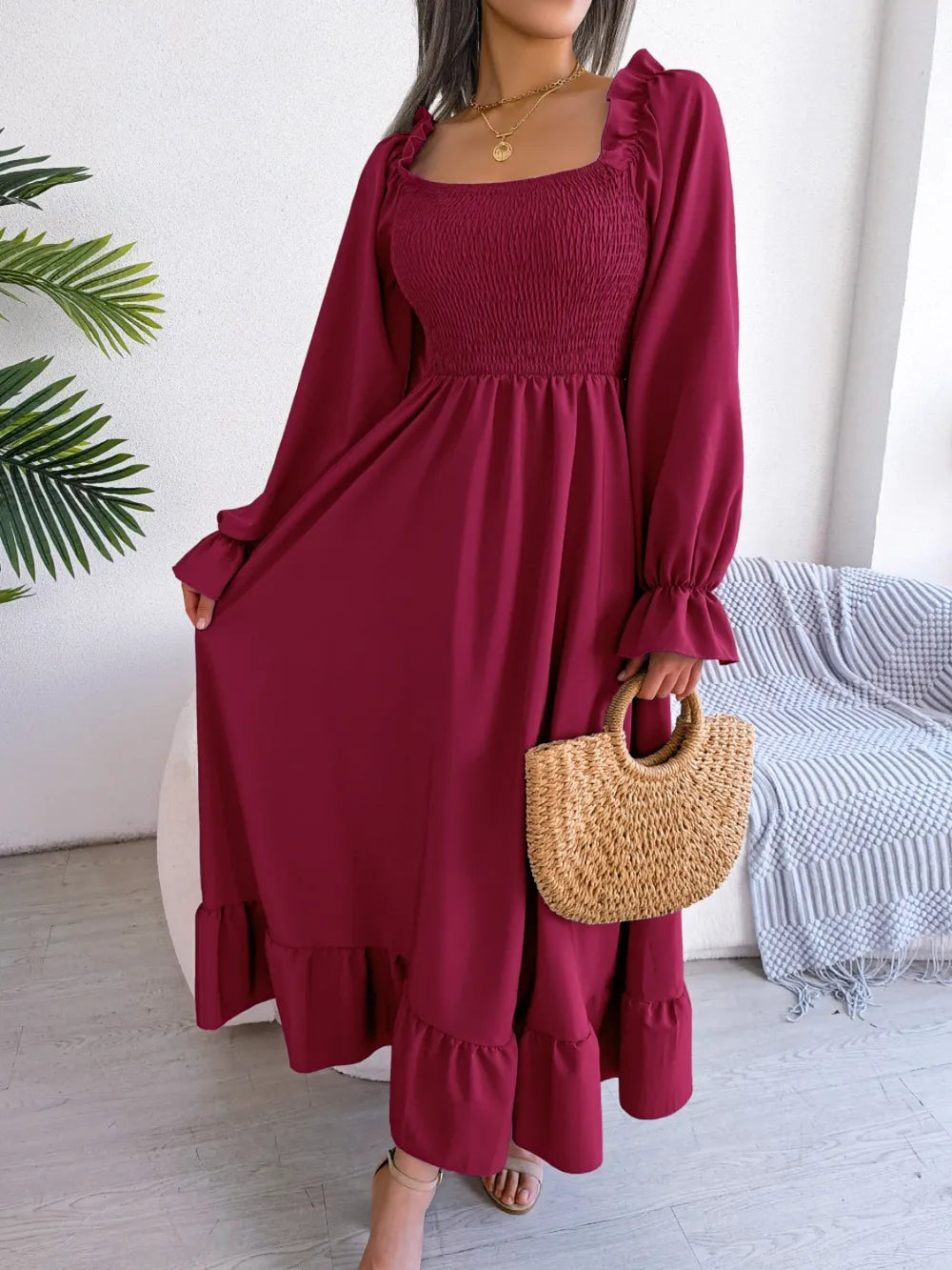 Smocked Square Neck Flounce Sleeve Dress - alternate view 9